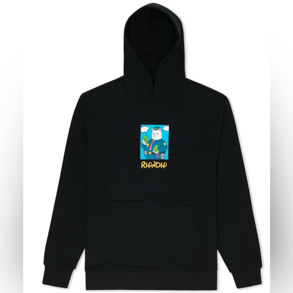 Ripndip Black Hoodie with Blue Cartoon Cat Graphic and Yellow Logo